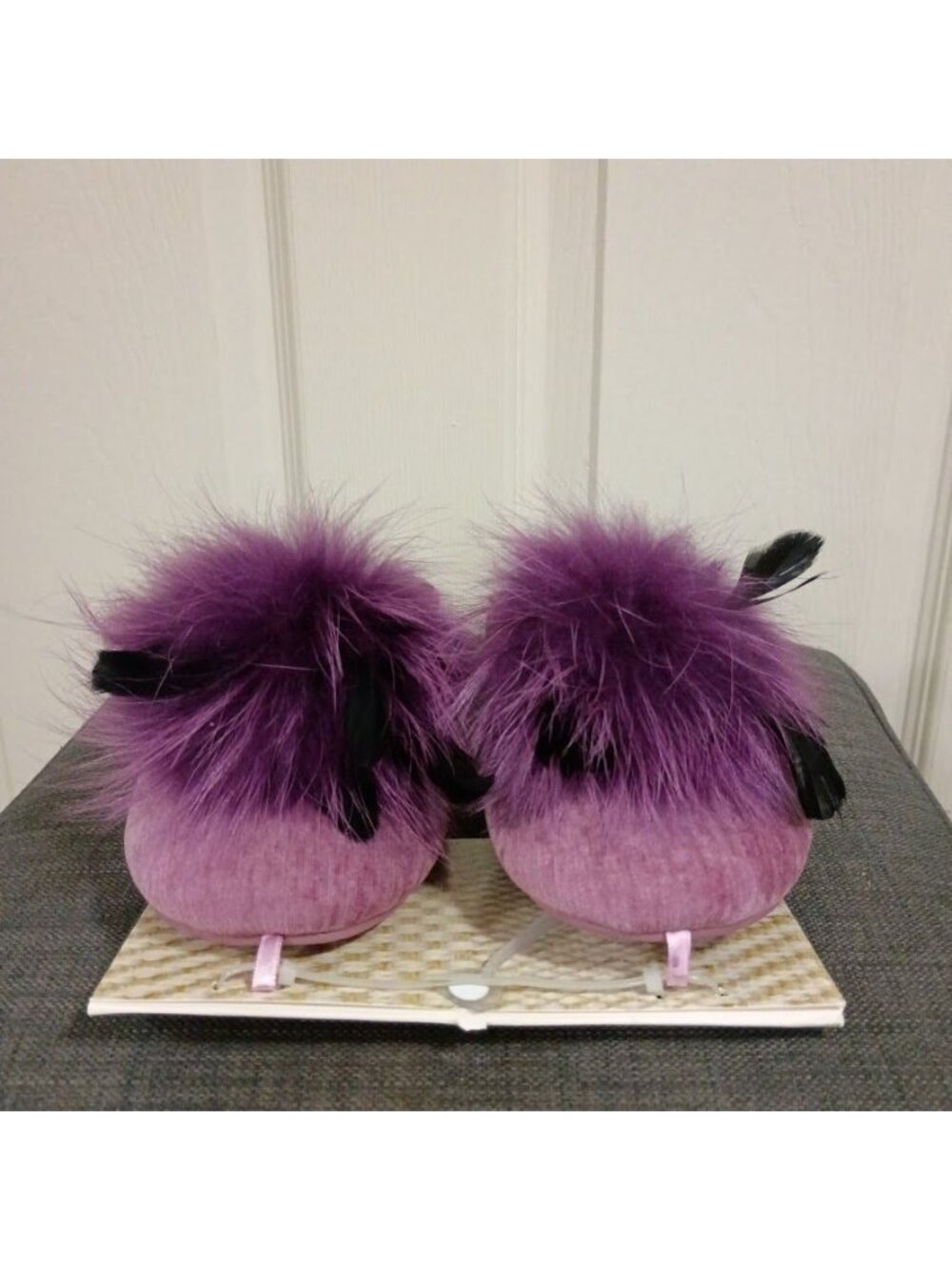 EZ Step Purple Fuzzy Open-Toe Slippers With Animal Print & Pom Pom Accents - Picture 5 of 5